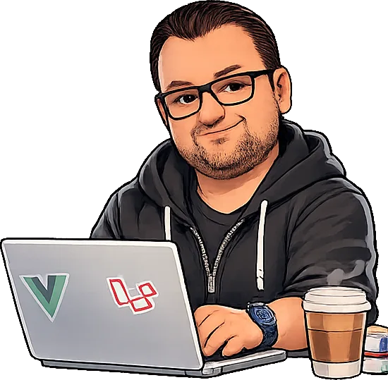 Levent Acar’ın çizgi karakteri, üzerinde Vue ve Laravel logoları olan laptopla çalışıyor