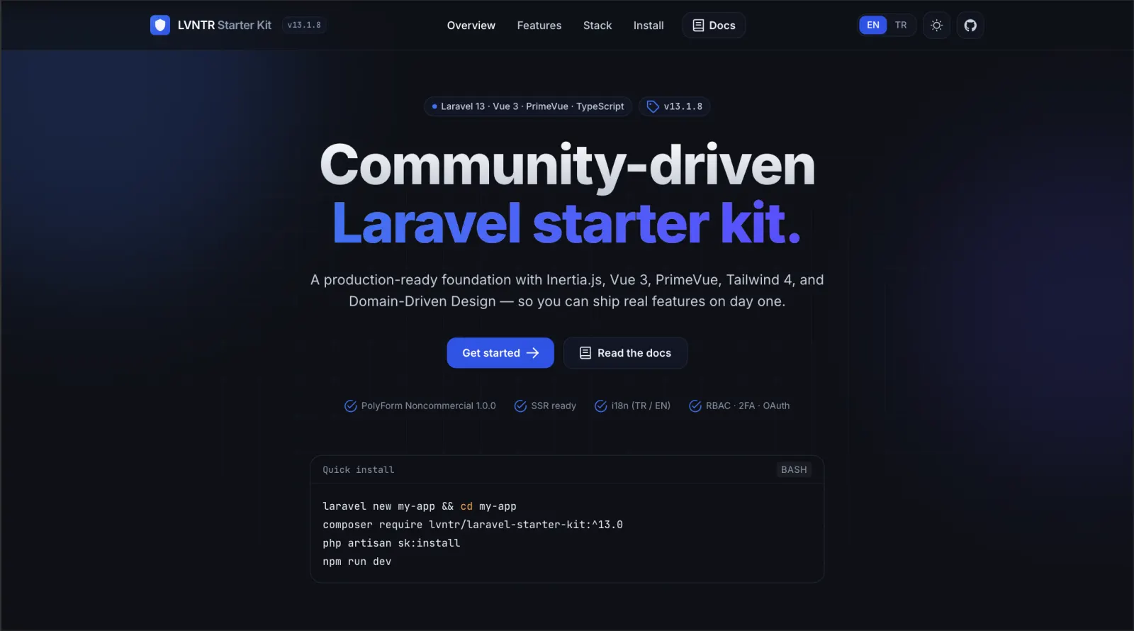 Laravel Starter Kit yönetim paneli ekran görüntüsü